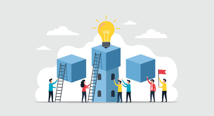 Team collaborates to reach bright idea pinnacle, building success with ladders and flag for ultimate achievement and innovation