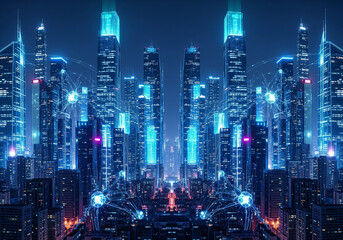 Fototapeta premium Futuristic city skyline at night glowing with vibrant blue neon lights in a symmetrical cityscape panorama.