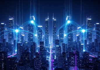 Futuristic cyberpunk cityscape with neon lights and digital network connections glowing at night