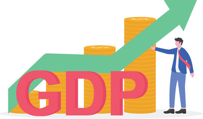 Businessman stands beside the word GDP with a rising green line chart on top,
