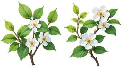 Delicate white blossoms with vibrant green leaves create an elegant natural composition perfect for spring themes and botanical designs