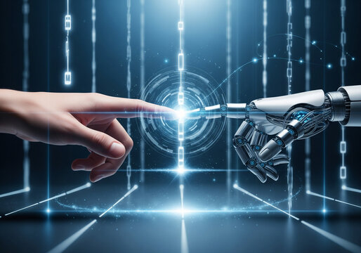 Human hand and robotic arm connect in futuristic digital network glowing with blue light technology