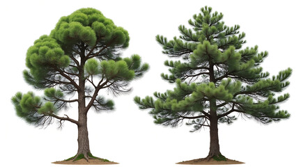 Two lush green pine trees stand majestically, their branches reaching skyward, perfect for natural landscaping and environmental projects