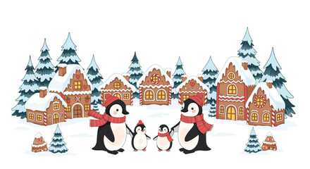 Charming penguin family celebrating winter holidays amidst a whimsical gingerbread village and snow-dusted pine trees