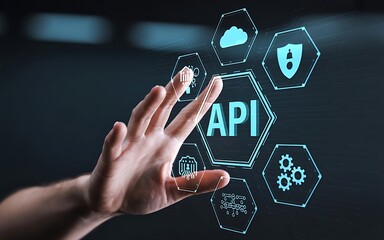 Hand interacting with glowing api interface and digital icons on dark background