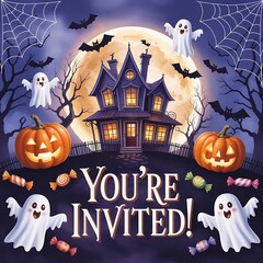 Haunted house halloween invitation with pumpkins ghosts and candy