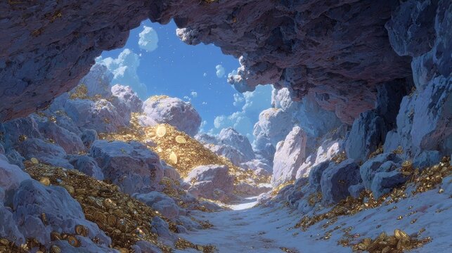 Anime background or wallpaper showcasing a dragons lair gold and jewels piled high under a caverns crystalline ceiling