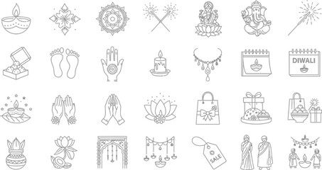 Diwali Line Art Icon Set Lakshmi, Ganesha, Sparklers, Gift, Diya, Calendar, Feet, Hands