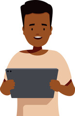 Young man using digital tablet, enjoying online experience, modern technology concept