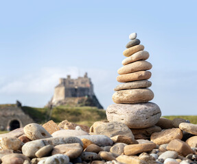 Pebble balanced stone stack on the Holy Island of Lindisfarne