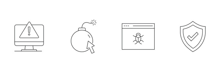 Computer alert, click bomb, malware website, shield security icon set, cyber protection outline vector illustration, minimal threat symbol art.