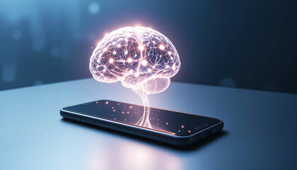 Glowing digital brain hologram emerging from a smartphone
