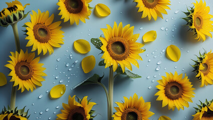Bright sunflowers on pastel blue background for summer floral campaigns. Perfect for wedding decor, eco-branding, and joyful social media content.
