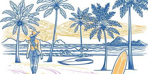 Woman walking on tropical beach with palm trees surfboards and ocean waves