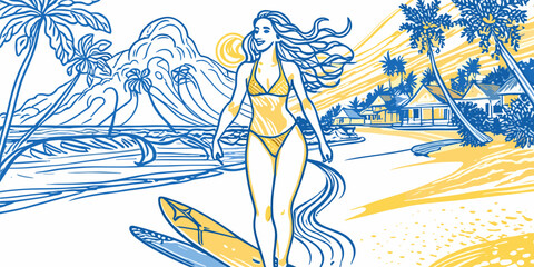 Young woman in a bikini walking with a surfboard on a sunny beach