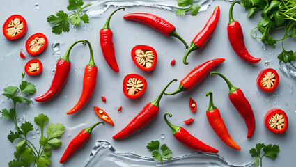 Fresh chili flatlay with water splash for dynamic food styling. Great for sauce labels, ingredient photography, and vibrant social content.