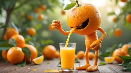 Joyful cartoon orange character gleefully squeezing fresh juice into a glass amidst a vibrant orchard setting