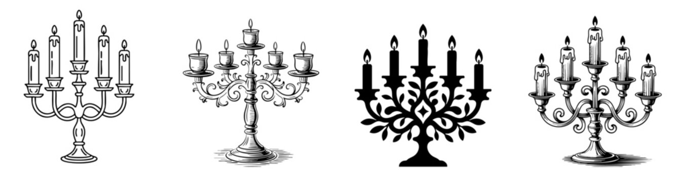 candlestick candelabra set with vintage, antique and silhouette symbols, vector illustrations for classic decoration and elegant lighting