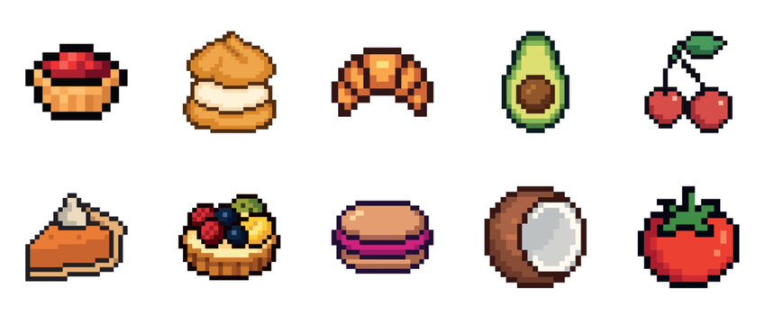 Pixel art icons of various foods including desserts and fruits