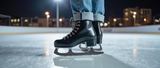 Obraz premium Skating boots on ice rink at night, showcasing elegance and motion in serene atmosphere