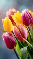 Naklejka premium Colorful tulips with water droplets in a bright garden setting