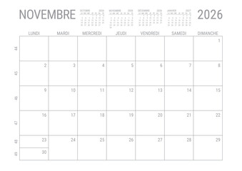 Novembre 2026 Calendrier Mensuel Planificateur avec Numero de Semaine à imprimer A4	