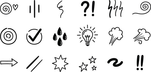Doodle Icon Set with Arrows, Hearts, Question Marks, Stars and Raindrops on White
