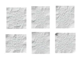 Collection of six isolated crumpled white paper sheets representing texture and discarded concepts