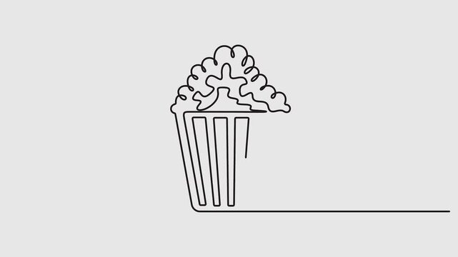 Self animated continuous one line drawing of popcorn animation. Full length single line art 4K animation
