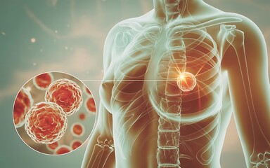 Microscopic view of cancer cells impacting the human chest and lungs