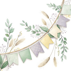 Whimsical minimalist studio decoration bunting flags and natural foliage elements illustration