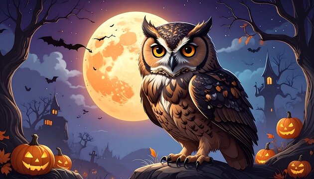 An owl perched on a rock at night, with a full moon and pumpkins. Bats fly across the sky, with spooky trees and a haunted castle visible