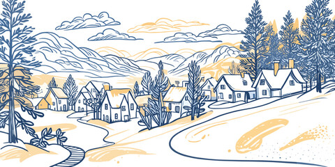 Obraz premium Scenic winter village landscape with snow-covered houses and rolling hills