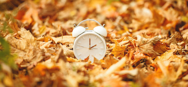 Daylight Savings Time Concept. A Clock And Leaves outside in autumn season