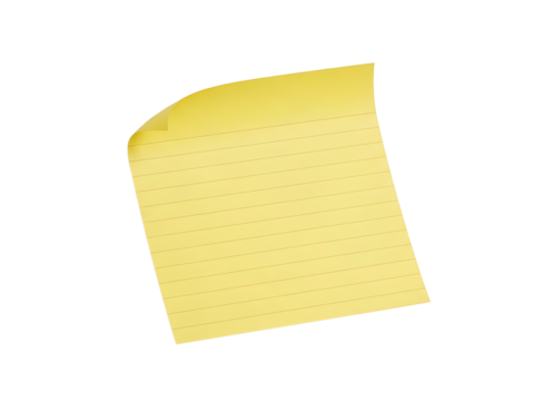 A single blank yellow lined sticky note with a curled corner, isolated on a white background