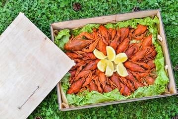 a large box full of crayfish boiled with lemon and herbs on grass