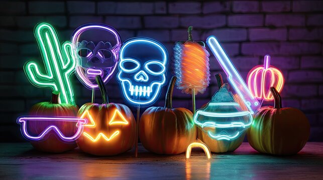 Neon Halloween Scene: Vibrant neon signs bring a playful and spooky ambiance to Halloween. Featuring pumpkins and skull for celebrate the holiday atmosphere.