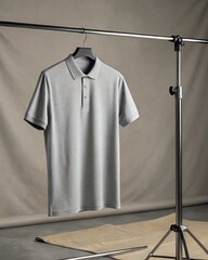 Premium Hanging Gray Polo Shirt Mockup – Neutral Fabric Backdrop
