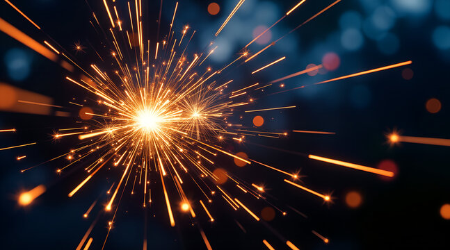Exploding fiery sparks create a dynamic, vibrant burst of energy against a dark, atmospheric backdrop, perfect for celebrations and excitement