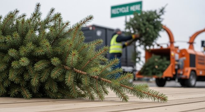 Worker loading Christmas tree into wood chipper at recycling point with &ldquo;Recycle Here&rdquo; sign &mdash; ideal for eco-friendly disposal, sustainable living, municipal services and post-holiday cleanup content.
