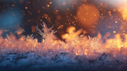 Frosty crystals shimmer under warm golden light during winter evening