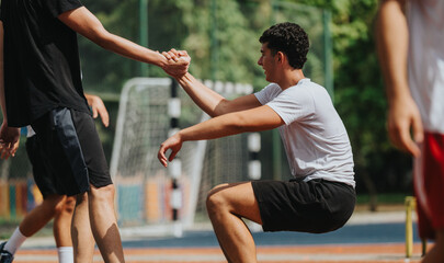 A group of friends on a sunny sports field celebrate teamwork with a high-five as one teammate kneels to greet them, demonstrating support, fitness, and camaraderie during outdoor training.