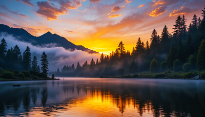 Fototapeta premium Majestic mountain lake at sunrise with vibrant orange sky and pine forest reflection