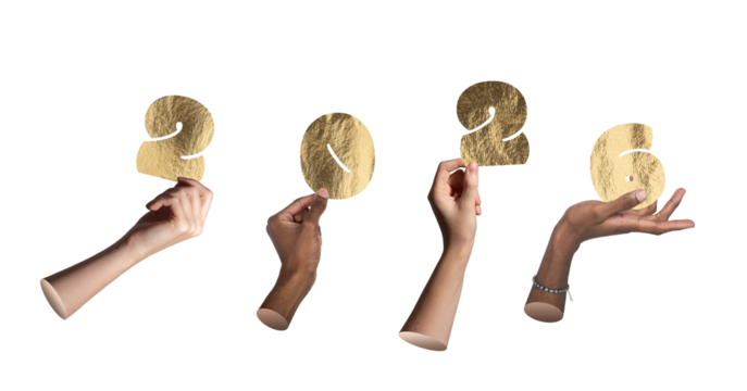 2026 new year celebration concept. Multiethnic people holding shiny golden numbers with metallic