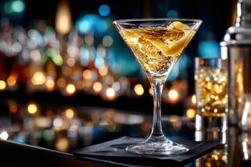 Golden Martini Cocktail on Bar with Bokeh Background