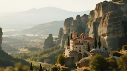 Top-down tilt-shift aerial photo of Meteora rock pillars and monasteries