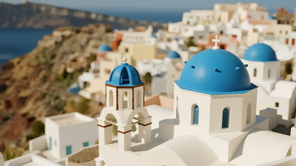 Bird’s-eye tilt-shift view of Santorini’s white houses and blue domes