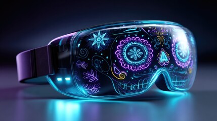 VR Headset with skull pattern: The image showcases a futuristic VR headset, adorned with a vibrant skull design, radiating a captivating neon glow against a dark backdrop.