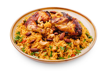 Delicious plate of spicy rice with grilled chicken and nuts on the side