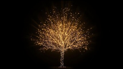 Enchanting Illuminated Tree Radiating Golden Light and Energy in Darkness